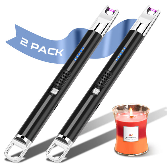 LcFun Candle Lighters 2 Pack Electric Lighter USB Rechargeable Long Lighter with Safety Lock and LED Battery Display Plasma Arc Lighters for Candle Rechargable(2 Pack Black)