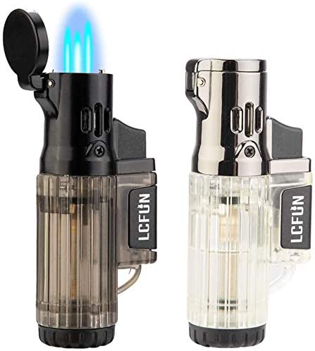 Torch Lighter 2 Pack Quad Jet Flame Lighter Refillable Butane Lighter 4 Jet Torch Lighters-Butane Not Included (Black & Beige)