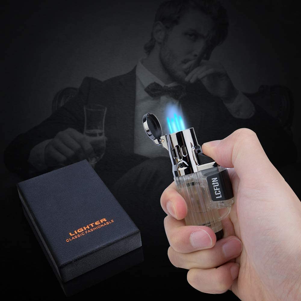 Torch Lighter 2 Pack Quad Jet Flame Lighter Refillable Butane Lighter 4 Jet Torch Lighters-Butane Not Included (Black & Beige)