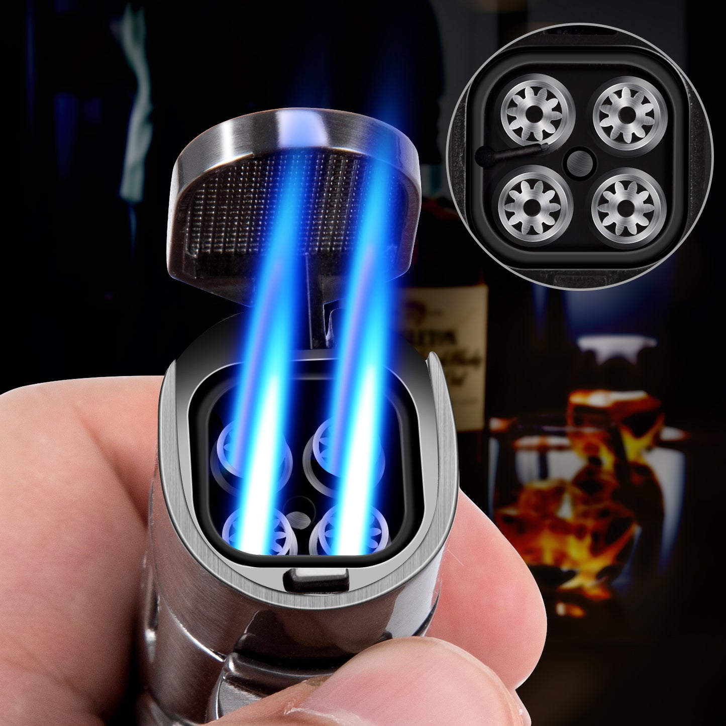 Torch Lighter Refillable Fuel Butane Torch Cigar Lighters 4 Jet Lighter with Cigar Punch Quad Flame Lighter Gas Torch Butane Lighters-Butane NOT Included (Black)