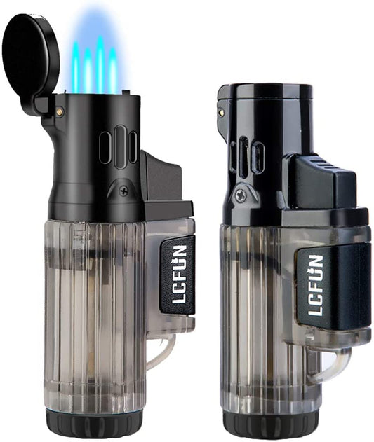 Torch Lighter 2 Pack Quad Jet Flame Lighter Refillable Butane Cigar Lighter 4 Jet Torch Lighters-Butane Not Included (2 Pack Black)