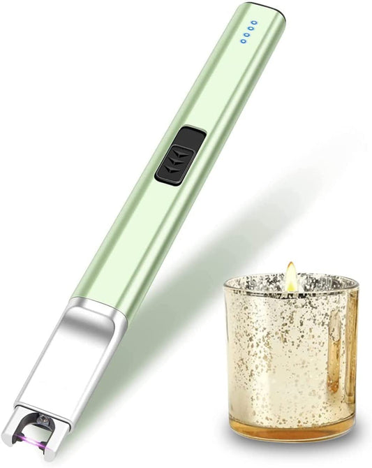 Candle Lighter USB Rechargeable Electric Arc Lighter Windproof Flameless Plasma Lighters Long Grill Lighter with Battery Indicator for Candle,BBQ,Fireworks (Green)