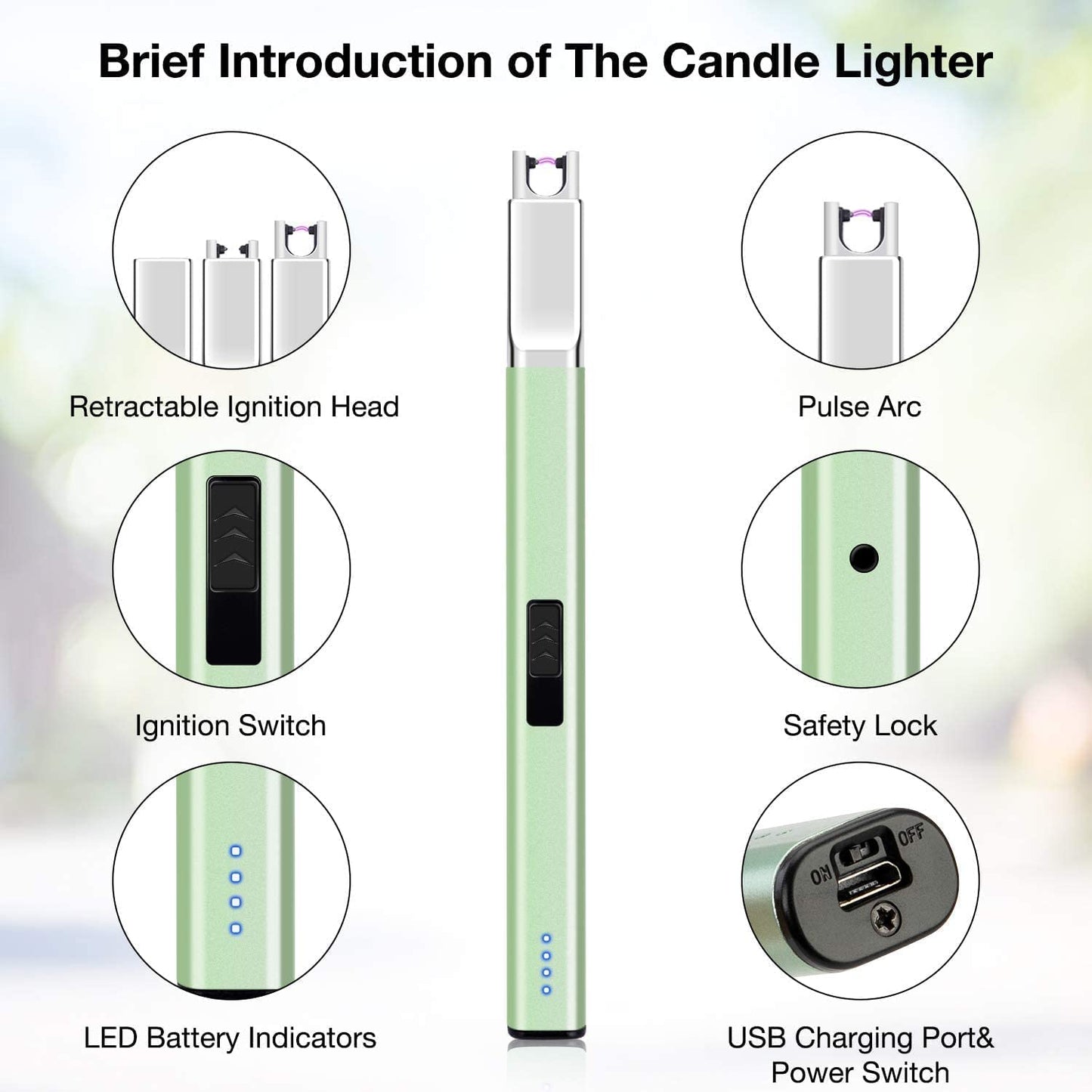 Candle Lighter USB Rechargeable Electric Arc Lighter Windproof Flameless Plasma Lighters Long Grill Lighter with Battery Indicator for Candle,BBQ,Fireworks (Green)