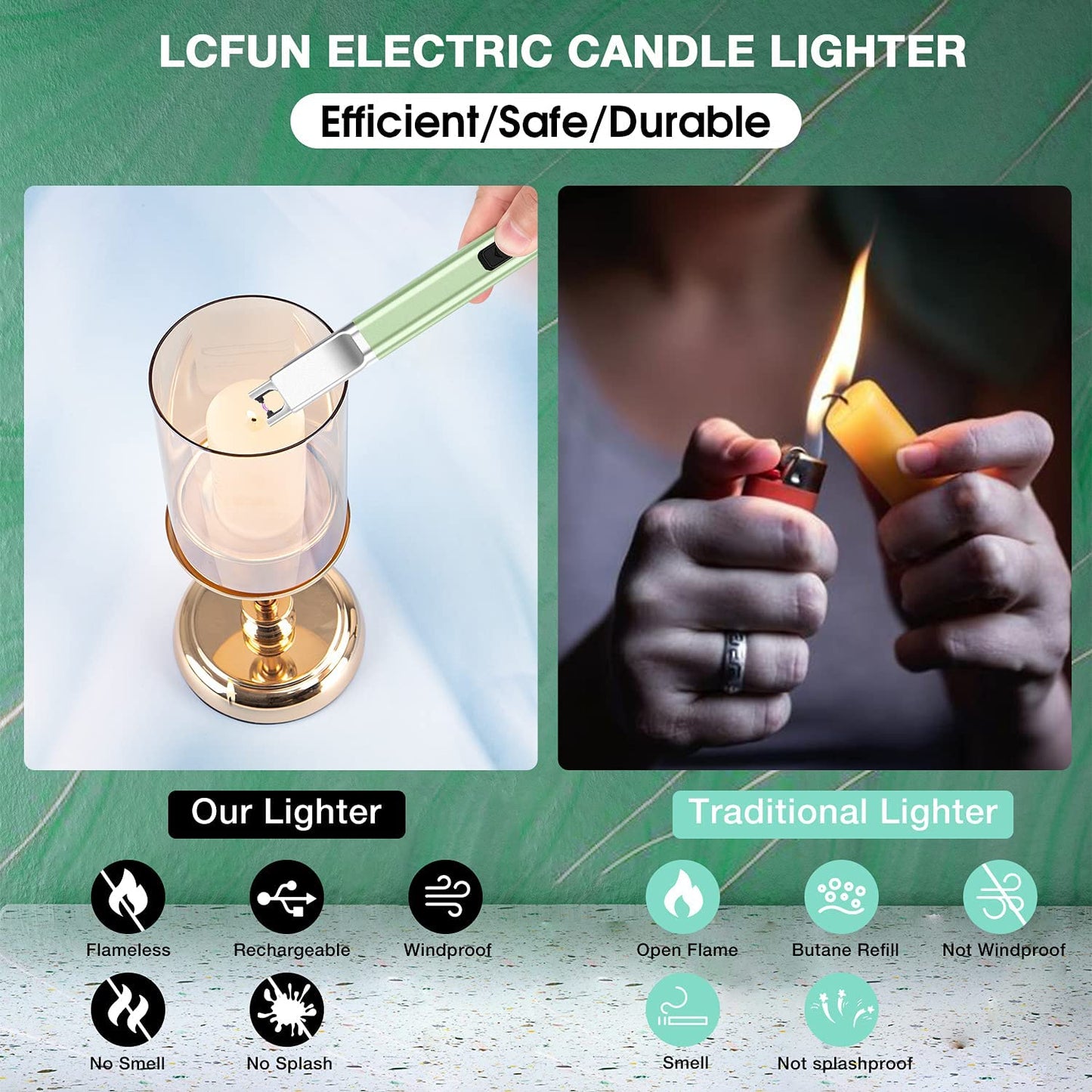 Candle Lighter USB Rechargeable Electric Arc Lighter Windproof Flameless Plasma Lighters Long Grill Lighter with Battery Indicator for Candle,BBQ,Kitchen,Fireworks (Green)