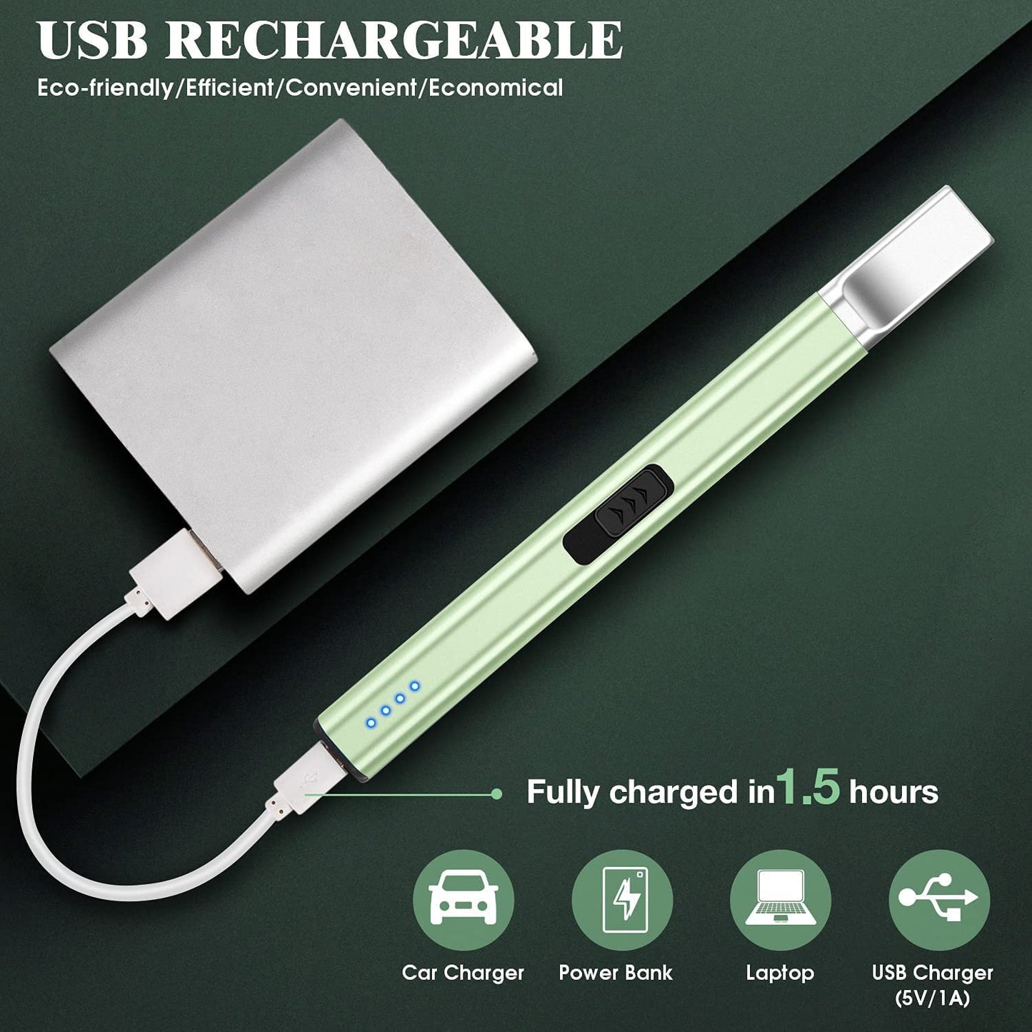 Candle Lighter USB Rechargeable Electric Arc Lighter Windproof Flameless Plasma Lighters Long Grill Lighter with Battery Indicator for Candle,BBQ,Kitchen,Fireworks (Green)