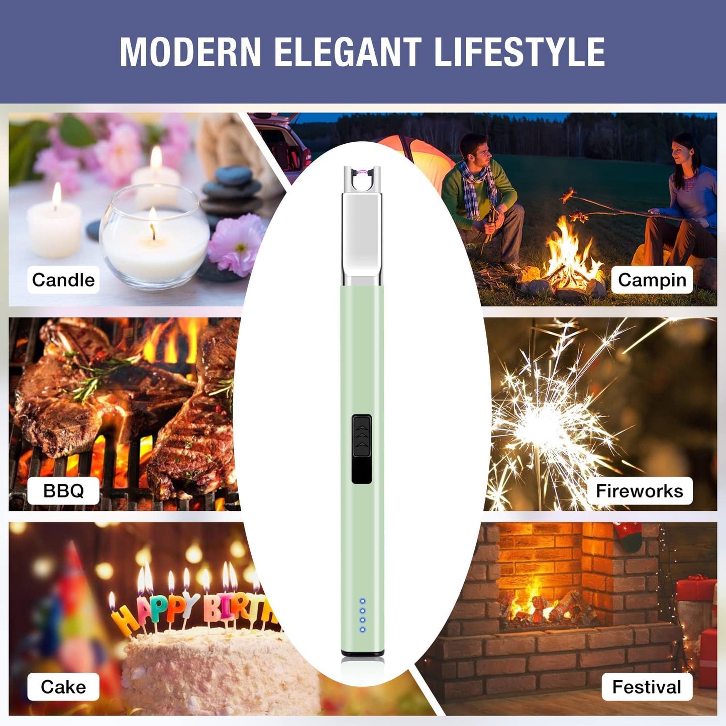 Candle Lighter USB Rechargeable Electric Arc Lighter Windproof Flameless Plasma Lighters Long Grill Lighter with Battery Indicator for Candle,BBQ,Kitchen,Fireworks (Green)