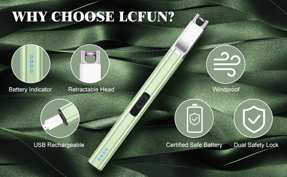 Candle Lighter USB Rechargeable Electric Arc Lighter Windproof Flameless Plasma Lighters Long Grill Lighter with Battery Indicator for Candle,BBQ,Kitchen,Fireworks (Green)