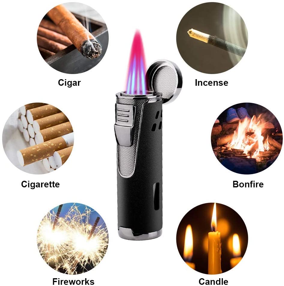 Torch Lighter Quad Jet Flame Butane Cigar Lighters Refillable Fuel 4 Jet Lighter Butane Lighters with Cigar Punch-Butane NOT Included (Matte Black)