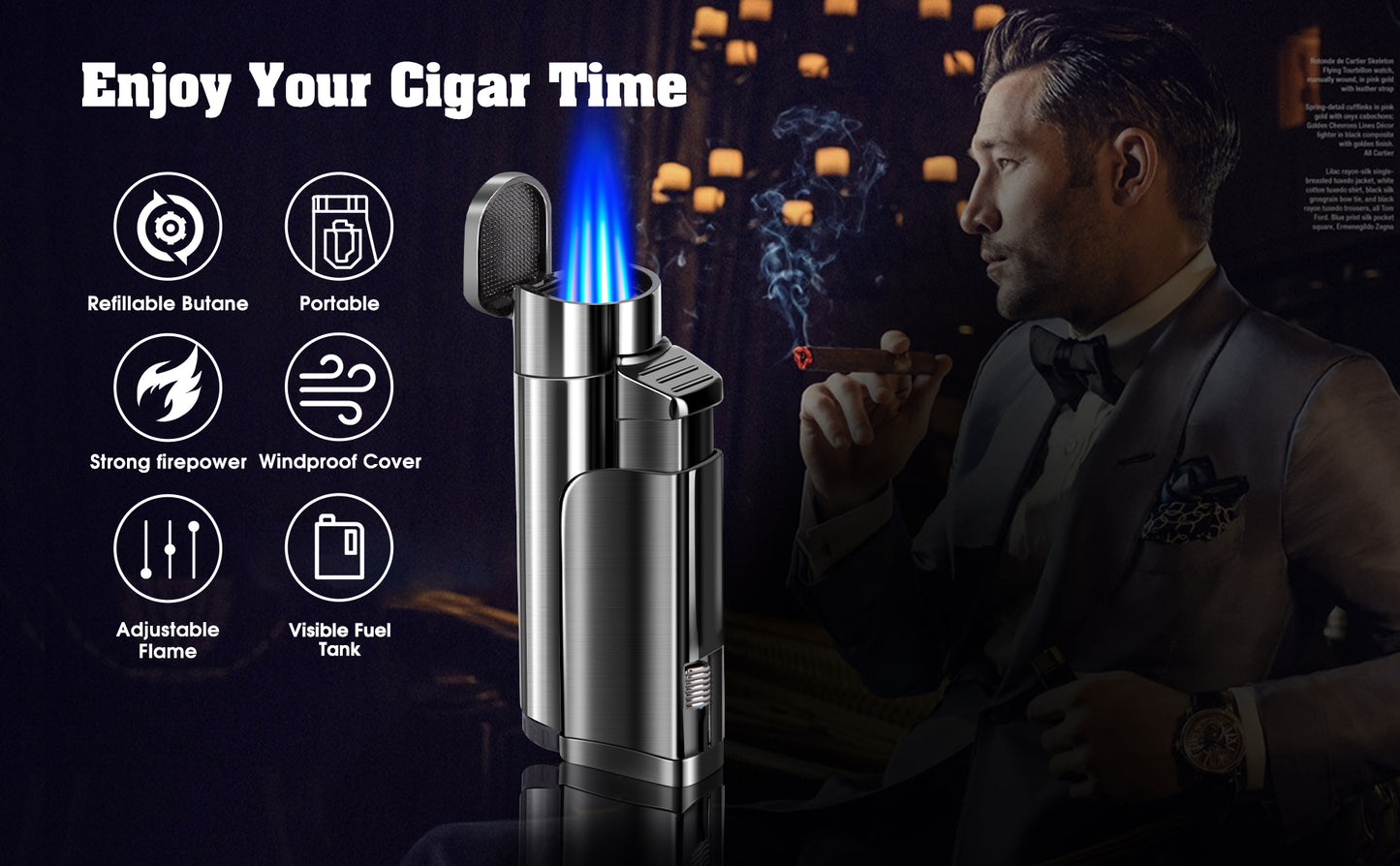 Torch Lighter Refillable Fuel Butane Torch Cigar Lighters 4 Jet Lighter with Cigar Punch Quad Flame Lighter Gas Torch Butane Lighters-Butane NOT Included (Black)