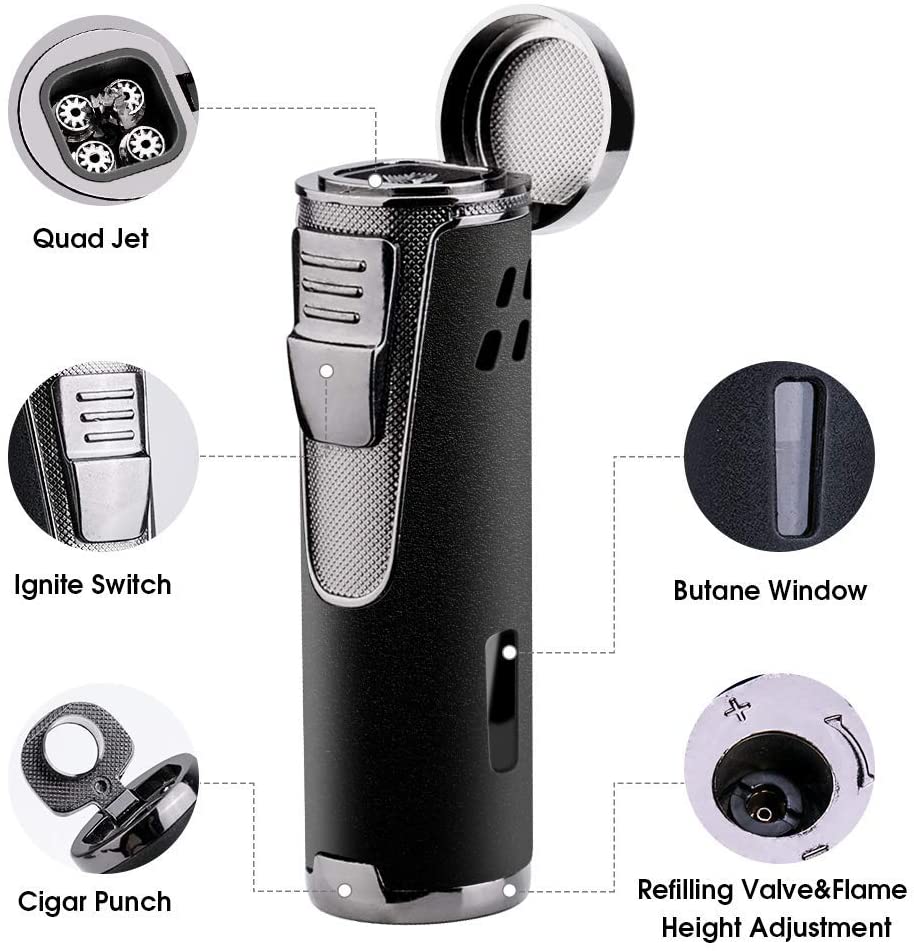 Torch Lighter Quad Jet Flame Butane Cigar Lighters Refillable Fuel 4 Jet Lighter Butane Lighters with Cigar Punch-Butane NOT Included (Matte Black)