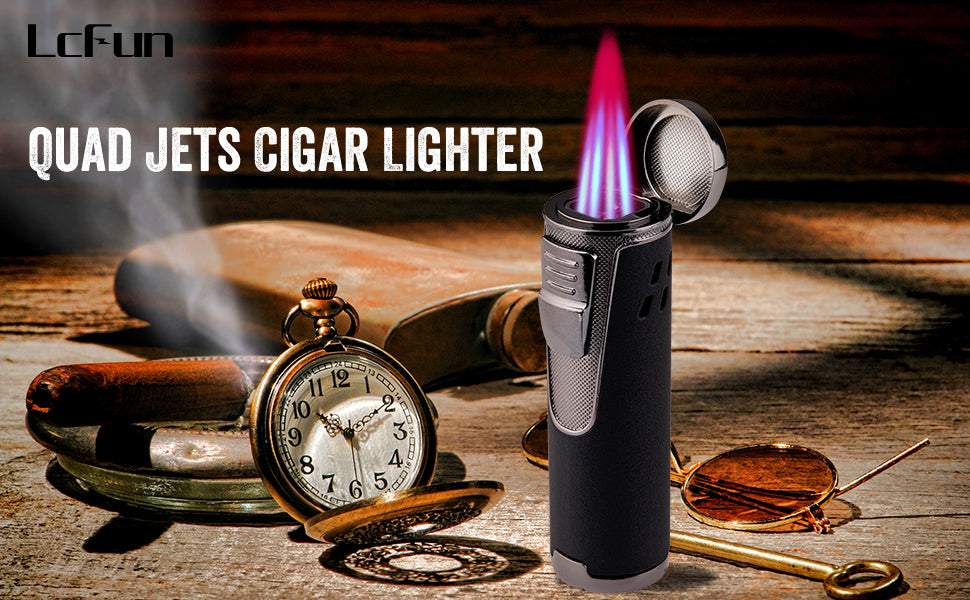 Torch Lighter Quad Jet Flame Butane Cigar Lighters Refillable Fuel 4 Jet Lighter Butane Lighters with Cigar Punch-Butane NOT Included (Matte Black)