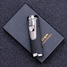 Torch Lighter Quad Jet Flame Butane Cigar Lighters Refillable Fuel 4 Jet Lighter Butane Lighters with Cigar Punch-Butane NOT Included (Matte Black)