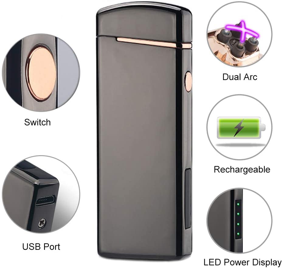 Windproof Arc Lighter X Plasma Lighters Rechargeable USB Lighter Electric Lighter for Candle-with LED Display Power (Black)