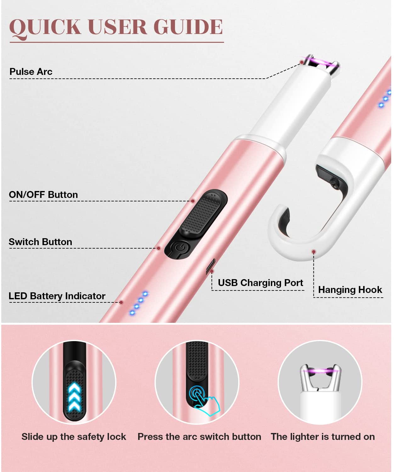 Arc Lighter USB Rechargeable Candle Lighter Flameless Electronic Lighter Windproof Plasma Long Neck Lighters with LED Battery Indicator for Candle,Fireworks,Grill,Barbecue,Stove(Gold Rose)