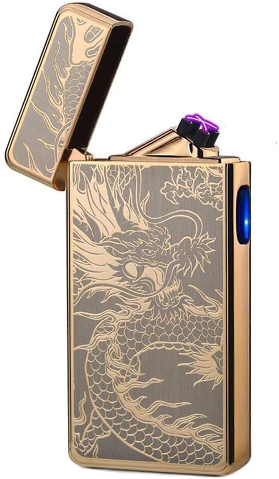 LcFun Dual Arc Plasma Lighter USB Rechargeable Electronic Lighters Windproof Flameless Butane Free Electric Lighters Candle Lighter (Gold Dragon)