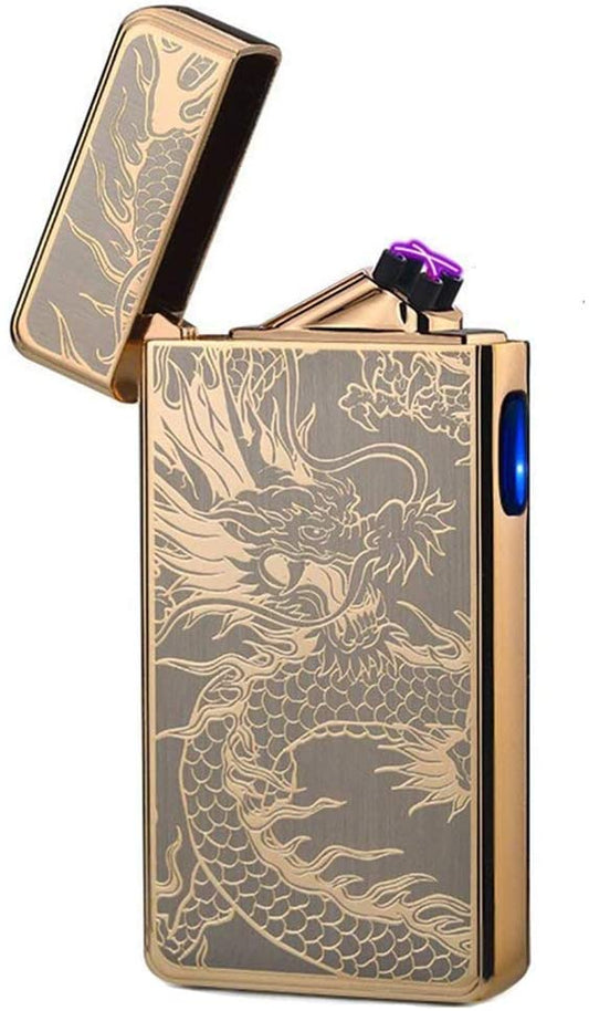 LcFun Dual Arc Plasma Lighter USB Rechargeable Electronic Lighters Windproof Flameless Butane Free Electric Lighters Candle Lighter (Gold Dragon)