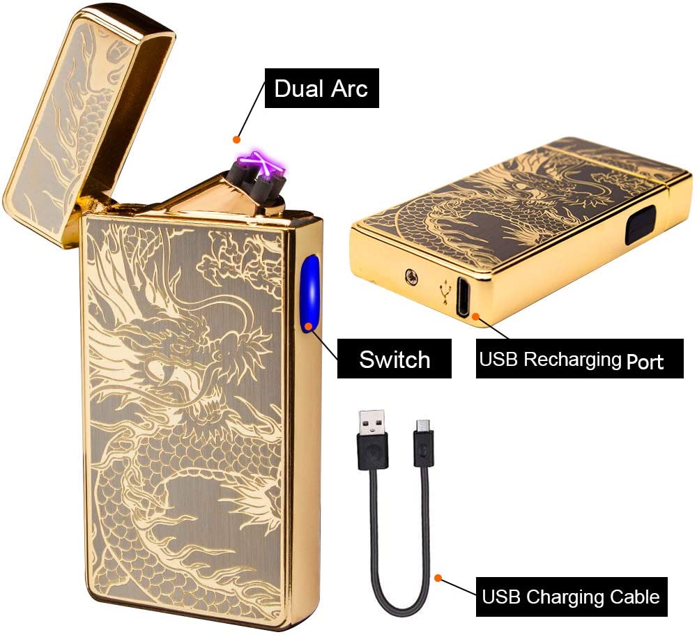 LcFun Dual Arc Plasma Lighter USB Rechargeable Electronic Lighters Windproof Flameless Butane Free Electric Lighters Candle Lighter (Gold Dragon)