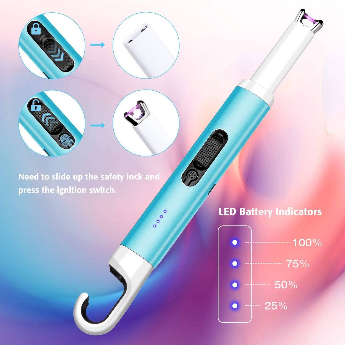 Arc Lighter USB Rechargeable Candle Lighter Flameless Electronic Lighter Windproof Plasma Long Neck Lighters with LED Battery Indicator for Candle,Fireworks,Grill,Barbecue,Stove (Blue)