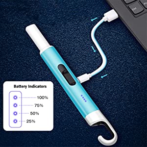 Arc Lighter USB Rechargeable Candle Lighter Flameless Electronic Lighter Windproof Plasma Long Neck Lighters with LED Battery Indicator for Candle,Fireworks,Grill,Barbecue,Stove (Blue)