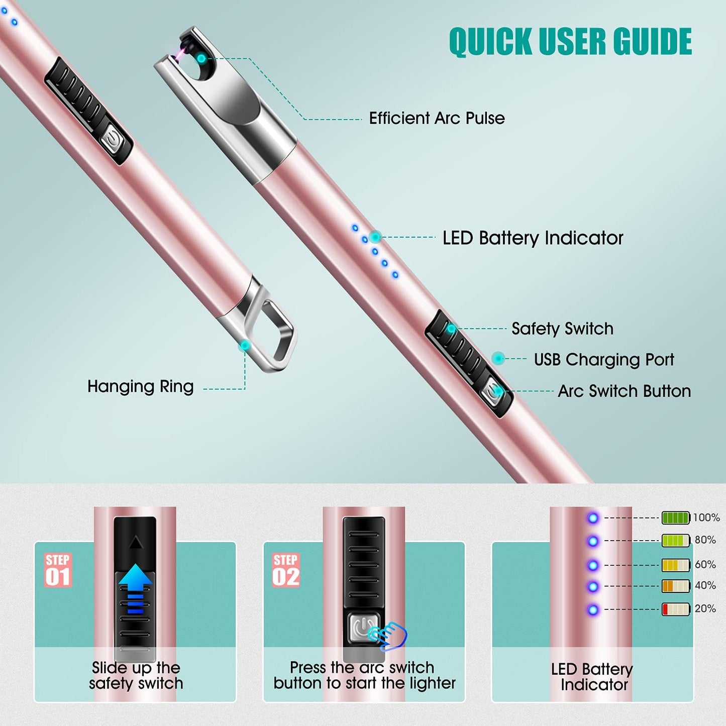 LcFun Candle Lighter 2 Pack USB Rechargeable Lighter Flameless Arc Lighter with Safety Lock Electric Lighter with LED Battery Display Long Lighters for Candle (Green & Rose Gold)