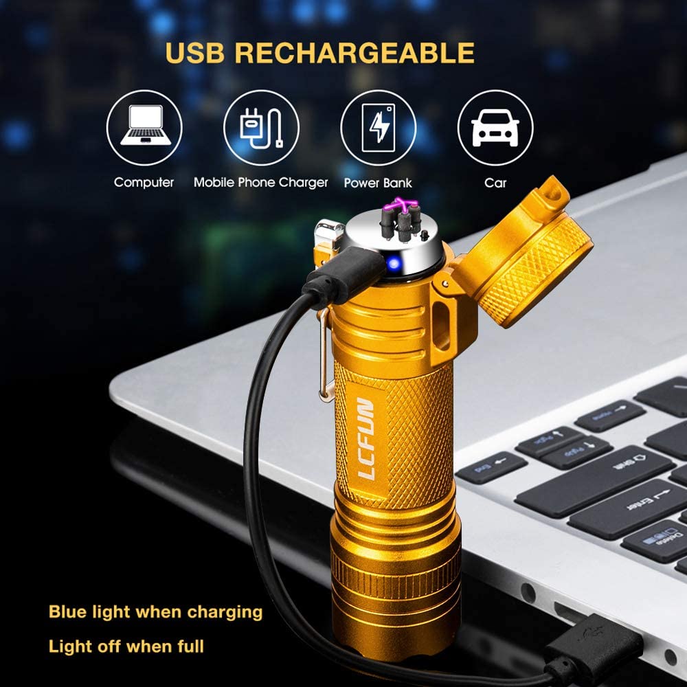 Waterproof Lighter USB Plasma Lighter Rechargeable Electric Lighter Waterproof with Flashlight Flameless Lighter Windproof Arc Lighter for Outdoor Camping Hiking (Gold)