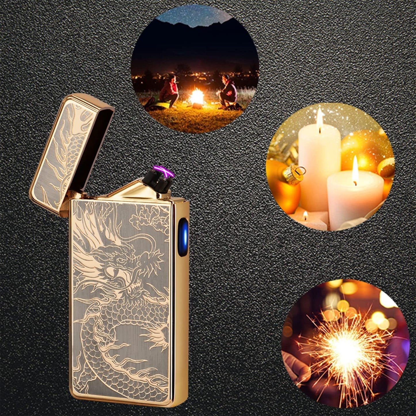 LcFun Dual Arc Plasma Lighter USB Rechargeable Electronic Lighters Windproof Flameless Butane Free Electric Lighters Candle Lighter (Gold Dragon)