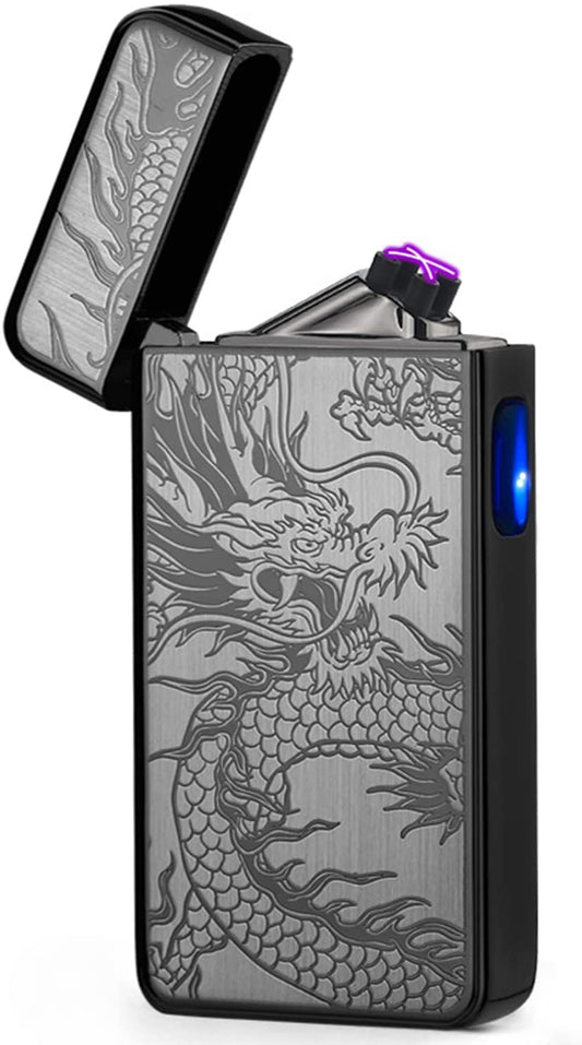 LcFun Dual Arc Plasma Lighter USB Rechargeable Windproof Flameless Butane Free Electric Lighter Candle Lighter (Black Dragon)