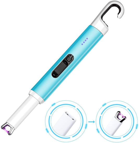 Electric Candle Lighter,Arc Lighter USB Rechargeable Flameless Electronic Lighter Windproof Plasma Long Neck Lighter with LED Battery Indicator for Candle,Fireworks,Grill,Barbecue,Stove (Blue）