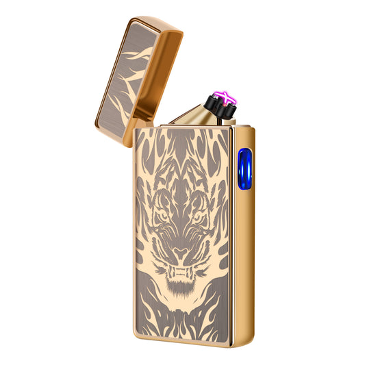 Plasma Lighter Rechargeable Windproof Lighter USB Electric Lighter Flameless Dual Arc Lighter Electronic Cool Lighters for Candle,Camping,Hiking,Outdoor,Indoor (Gold Tiger)…