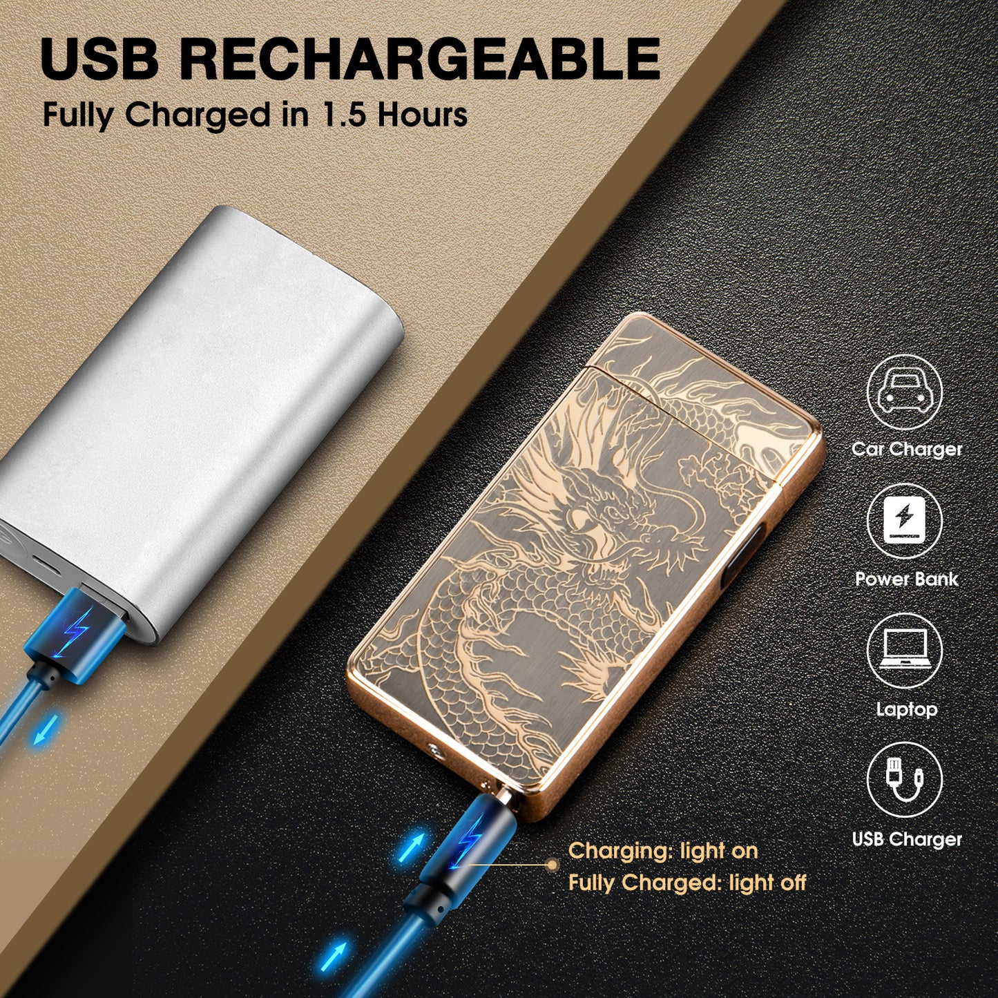 Lighter,Electric Arc Plasma Lighter USB Rechargeable Dual Arc Laser Lighter Electronic Windproof Cool Lighter for Indoor&Outdoor,Fire,Candles,Camping(Gold Dragon）