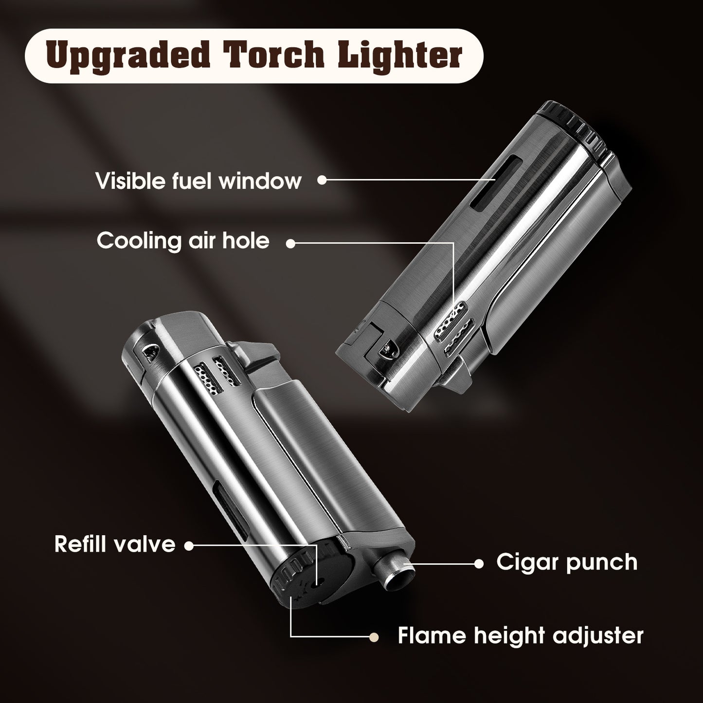 Torch Lighter Refillable Fuel Butane Torch Cigar Lighters 4 Jet Lighter with Cigar Punch Quad Flame Lighter Gas Torch Butane Lighters-Butane NOT Included (Black)