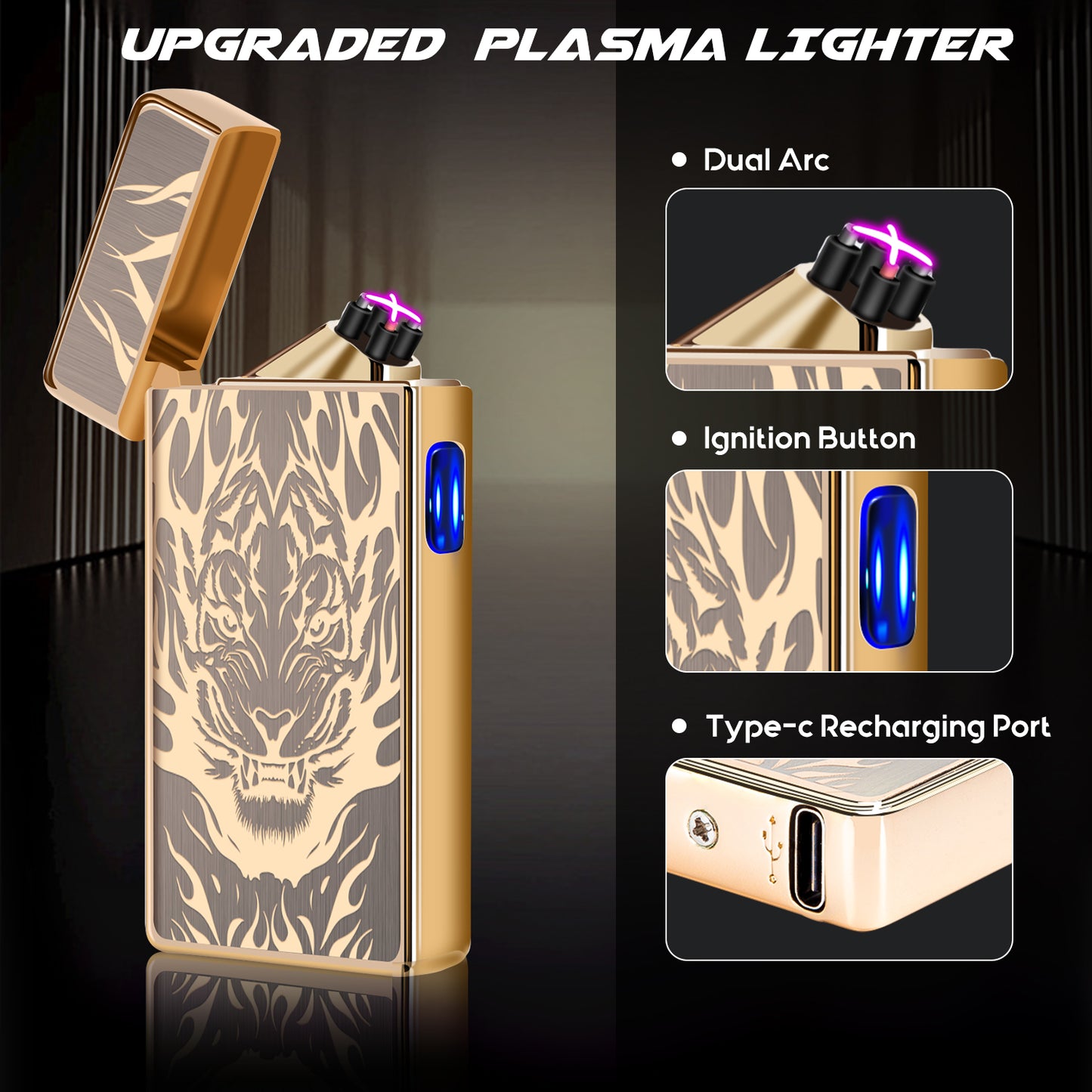 Plasma Lighter Rechargeable Windproof Lighter USB Electric Lighter Flameless Dual Arc Lighter Electronic Cool Lighters for Candle,Camping,Hiking,Outdoor,Indoor (Gold Tiger)…