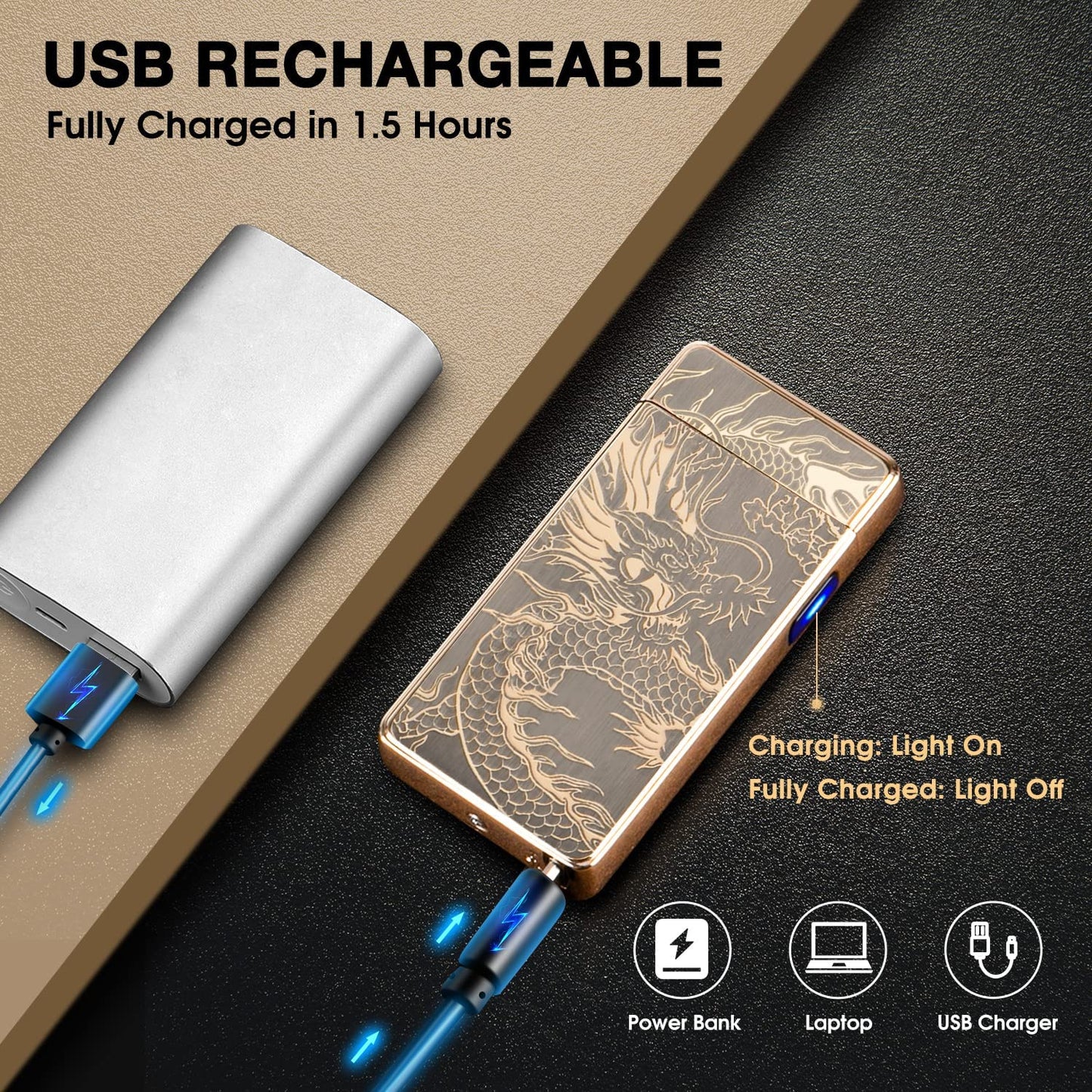 LcFun Dual Arc Plasma Lighter USB Rechargeable Electronic Lighters Windproof Flameless Butane Free Electric Lighters Candle Lighter (Gold Dragon)