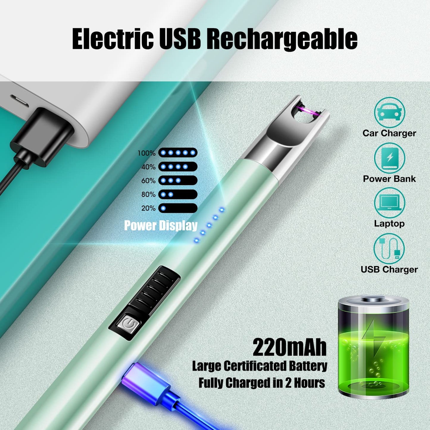 LcFun Candle Lighter 2 Pack USB Rechargeable Lighter Flameless Arc Lighter with Safety Lock Electric Lighter with LED Battery Display Long Lighters for Candle (Green & Rose Gold)