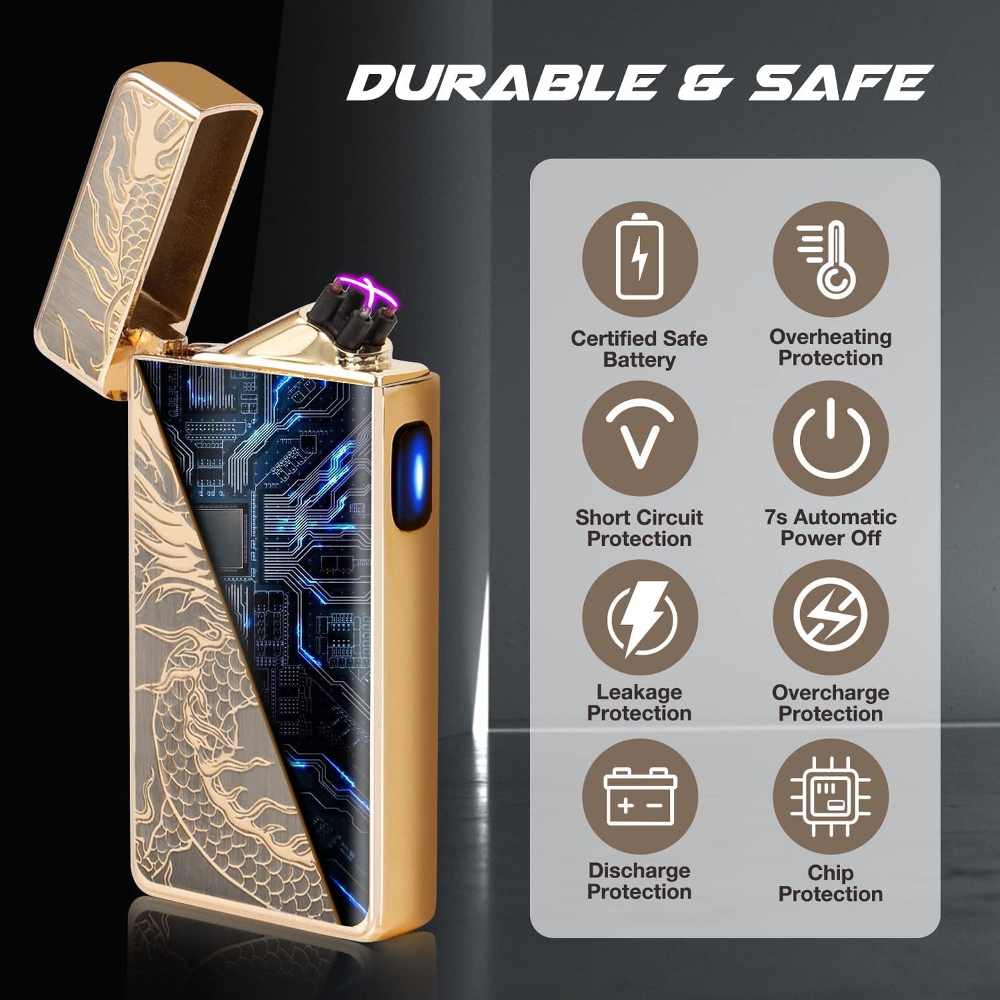 LcFun Dual Arc Plasma Lighter USB Rechargeable Electronic Lighters Windproof Flameless Butane Free Electric Lighters Candle Lighter (Gold Dragon)