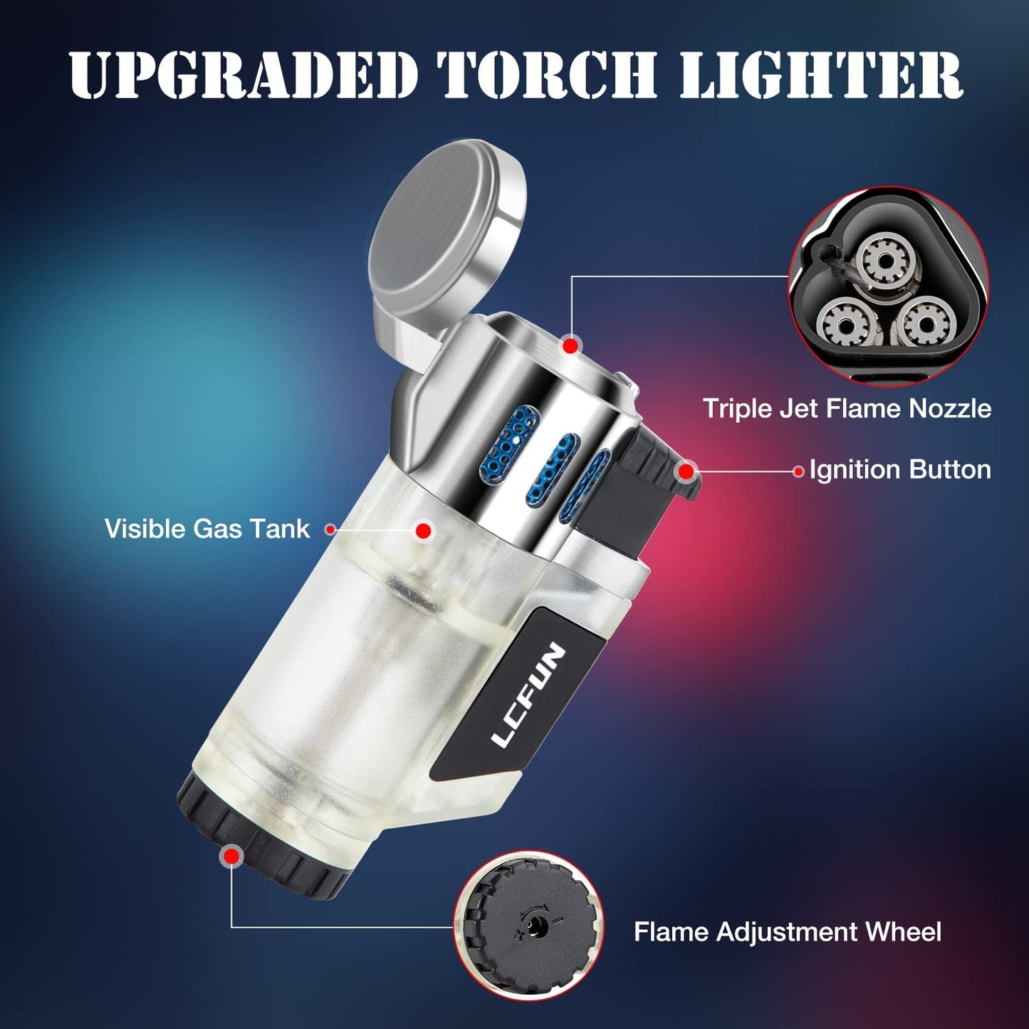 Torch Lighters 2 Pack Triple Jet Flame Butane Lighter 3 Flame Fluid Refillable Jet Lighter-Butane Not Included (Black & Silver)