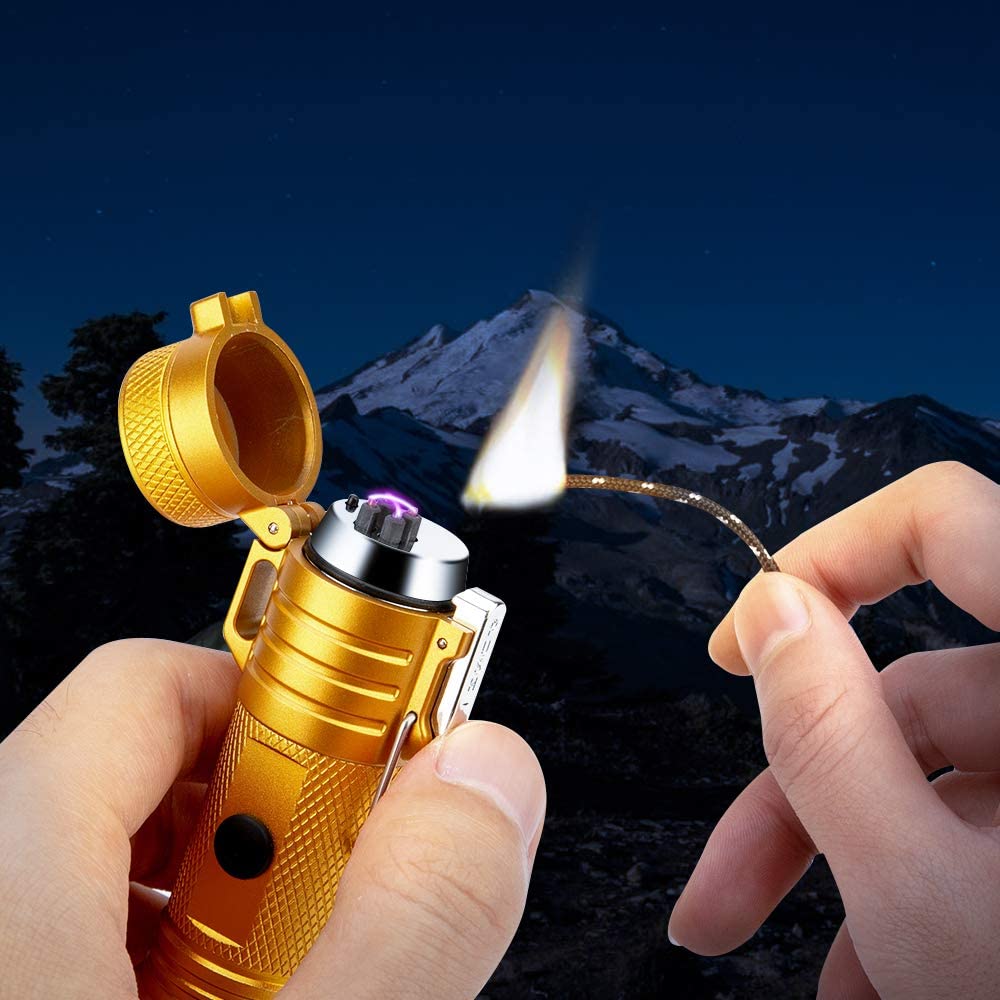 Waterproof Lighter USB Plasma Lighter Rechargeable Electric Lighter Waterproof with Flashlight Flameless Lighter Windproof Arc Lighter for Outdoor Camping Hiking (Gold)