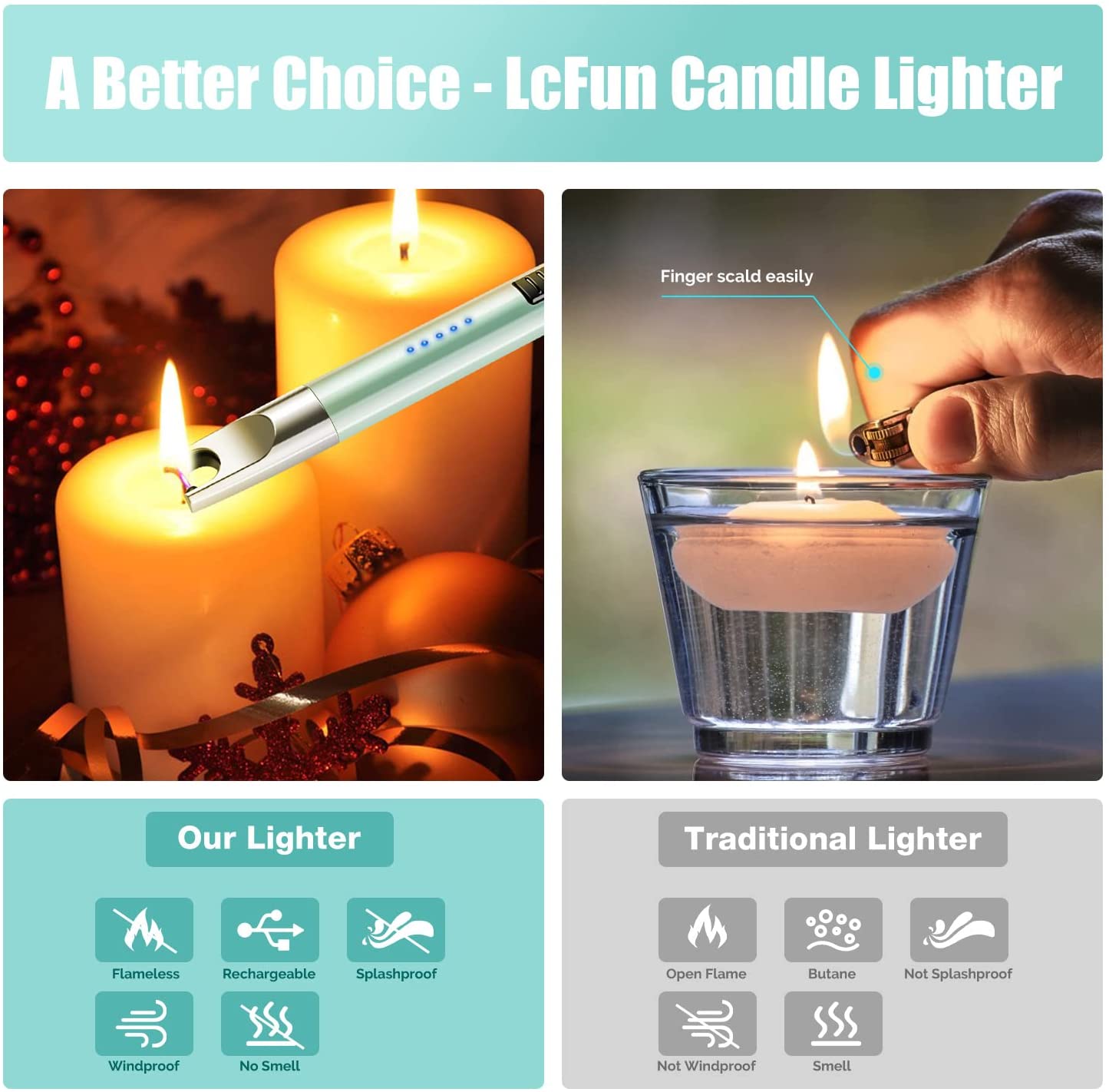 LcFun Candle Lighter 2 Pack USB Rechargeable Lighter Flameless Arc Lighter with Safety Lock Electric Lighter with LED Battery Display Long Lighters for Candle (Green & Rose Gold)