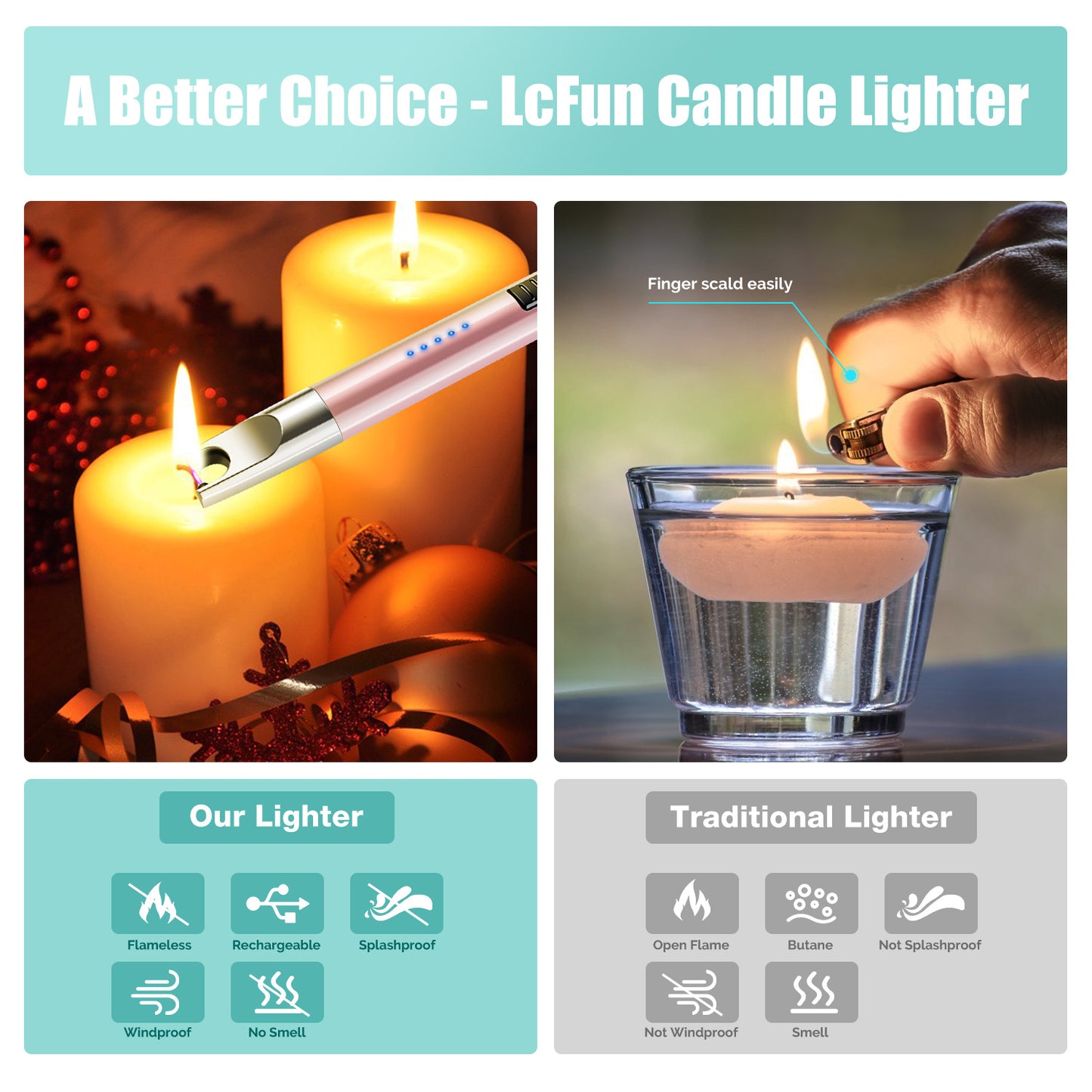 LcFun Candle Lighter 2 Pack Electric Lighters USB Rechargeable Long Lighter Windproof Flameless Arc Lighter for Candle, Fireworks, BBQ, Gas Stove, Grill (Green&Rose Gold)…