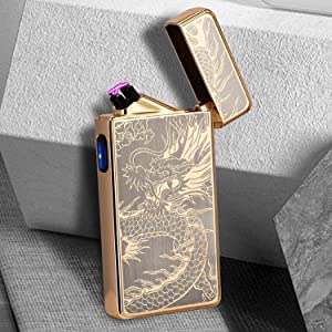 LcFun Plasma Lighter Rechargeable Windproof Lighter USB C Electric Lighter  Flameless Cigar Lighters Dual Arc Lighters for Smokers (Gold Tiger) 