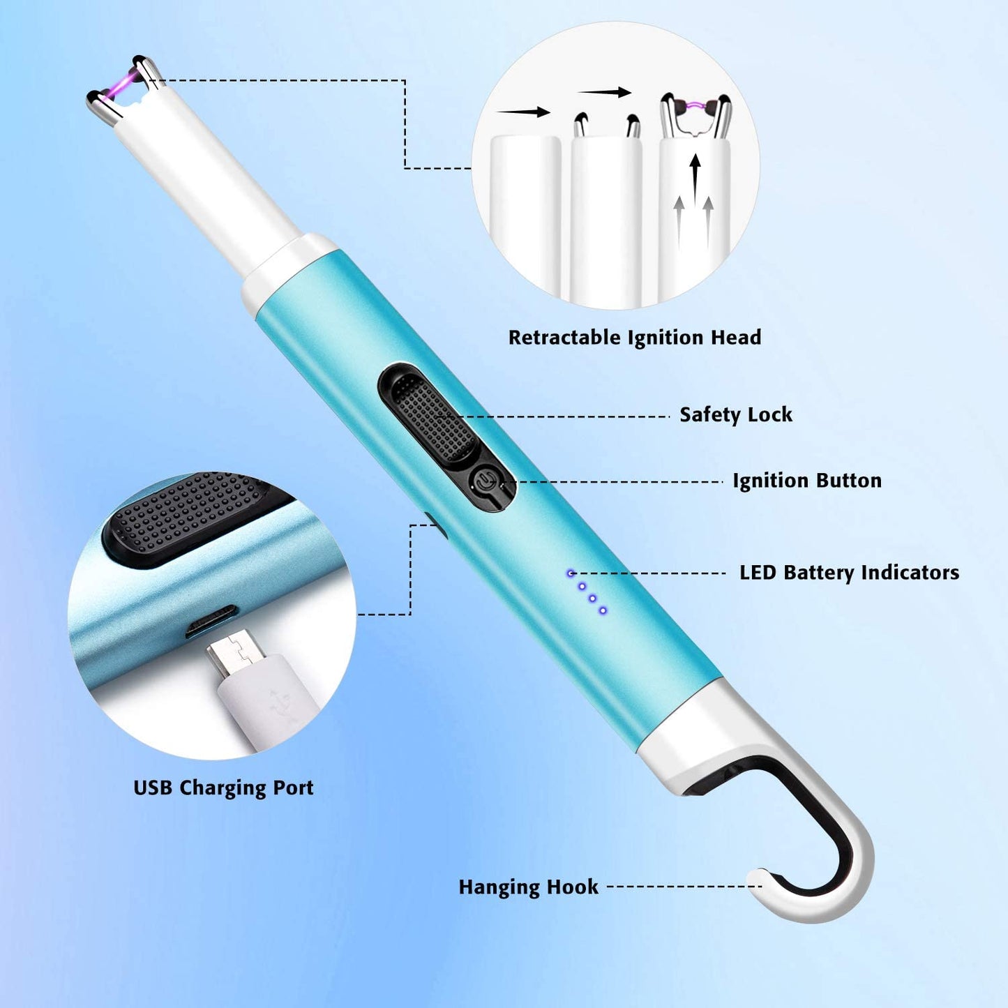 Electric Candle Lighter,Arc Lighter USB Rechargeable Flameless Electronic Lighter Windproof Plasma Long Neck Lighter with LED Battery Indicator for Candle,Fireworks,Grill,Barbecue,Stove (Blue）