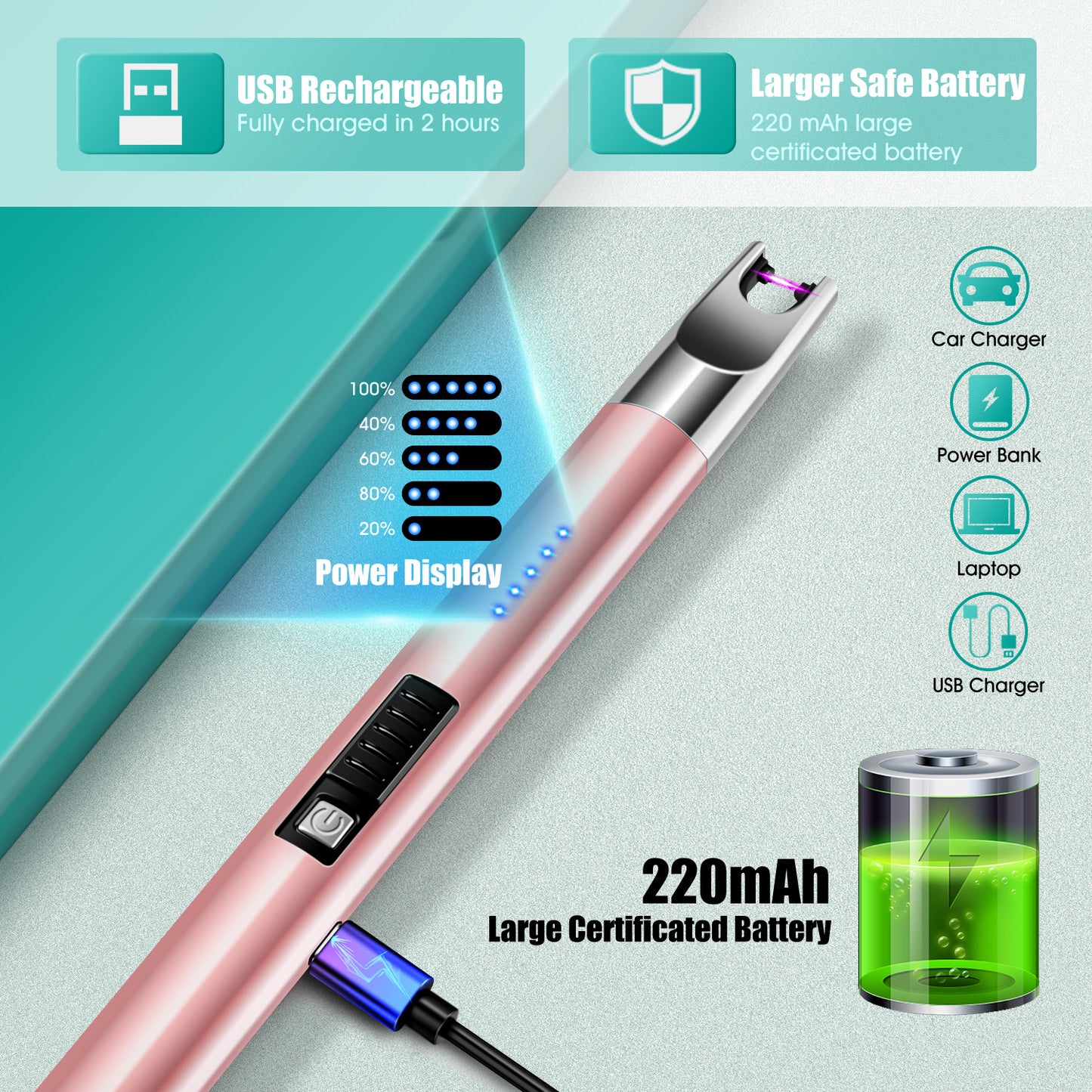 LcFun Candle Lighter 2 Pack Electric Lighters USB Rechargeable Long Lighter Windproof Flameless Arc Lighter for Candle, Fireworks, BBQ, Gas Stove, Grill (Green&Rose Gold)…