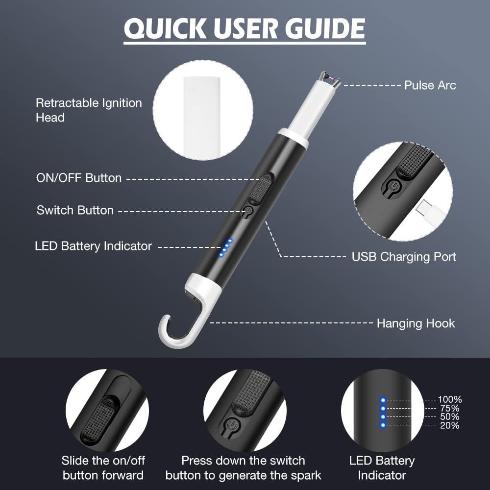 Candle Lighter USB Rechargeable Long Lighter Windproof Flameless Arc Lighter with LED Battery Display for Candle, Fireworks, BBQ, Gas Stove, Grill (Black)