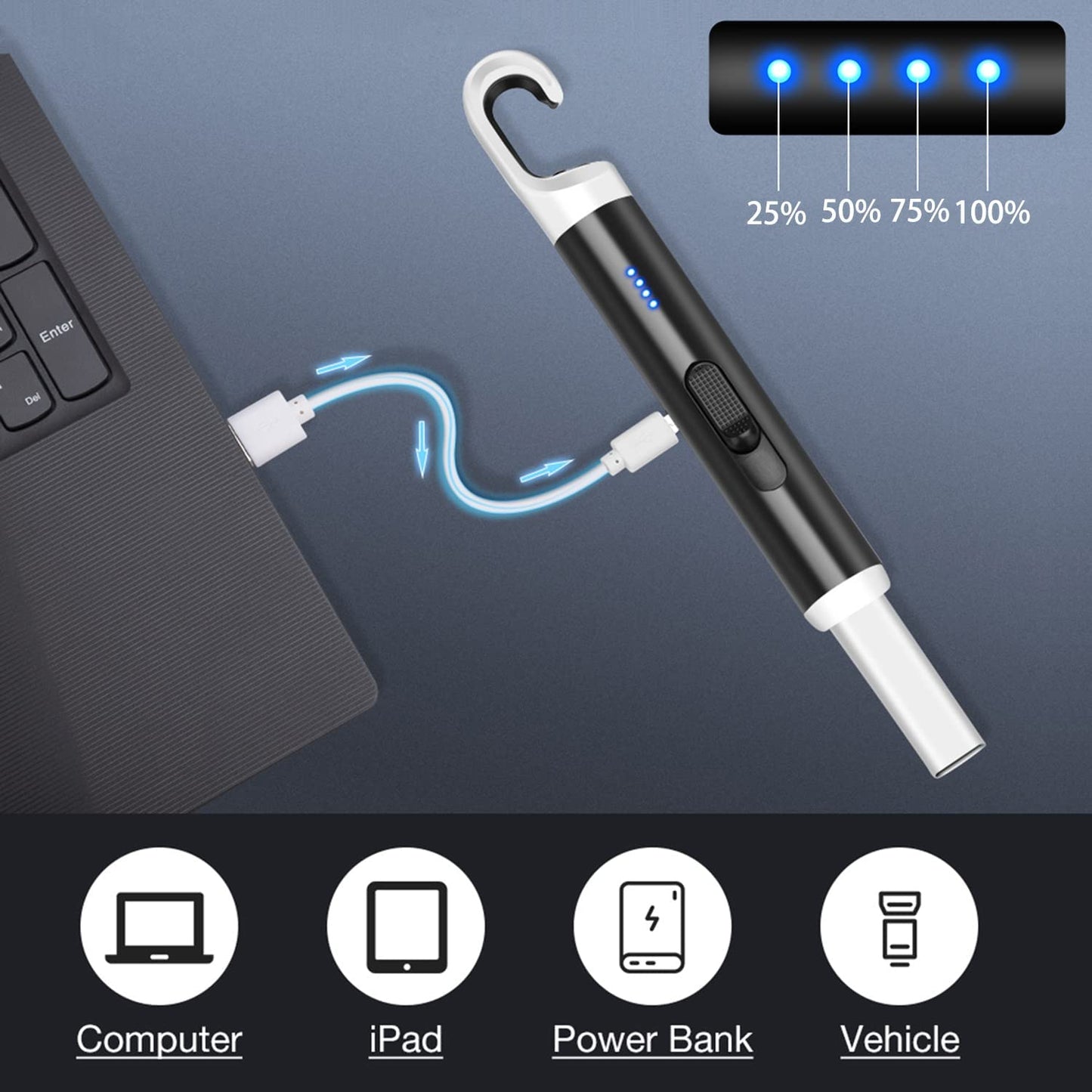 Candle Lighter USB Rechargeable Long Lighter Windproof Flameless Arc Lighter with LED Battery Display for Candle, Fireworks, BBQ, Gas Stove, Grill (Black)