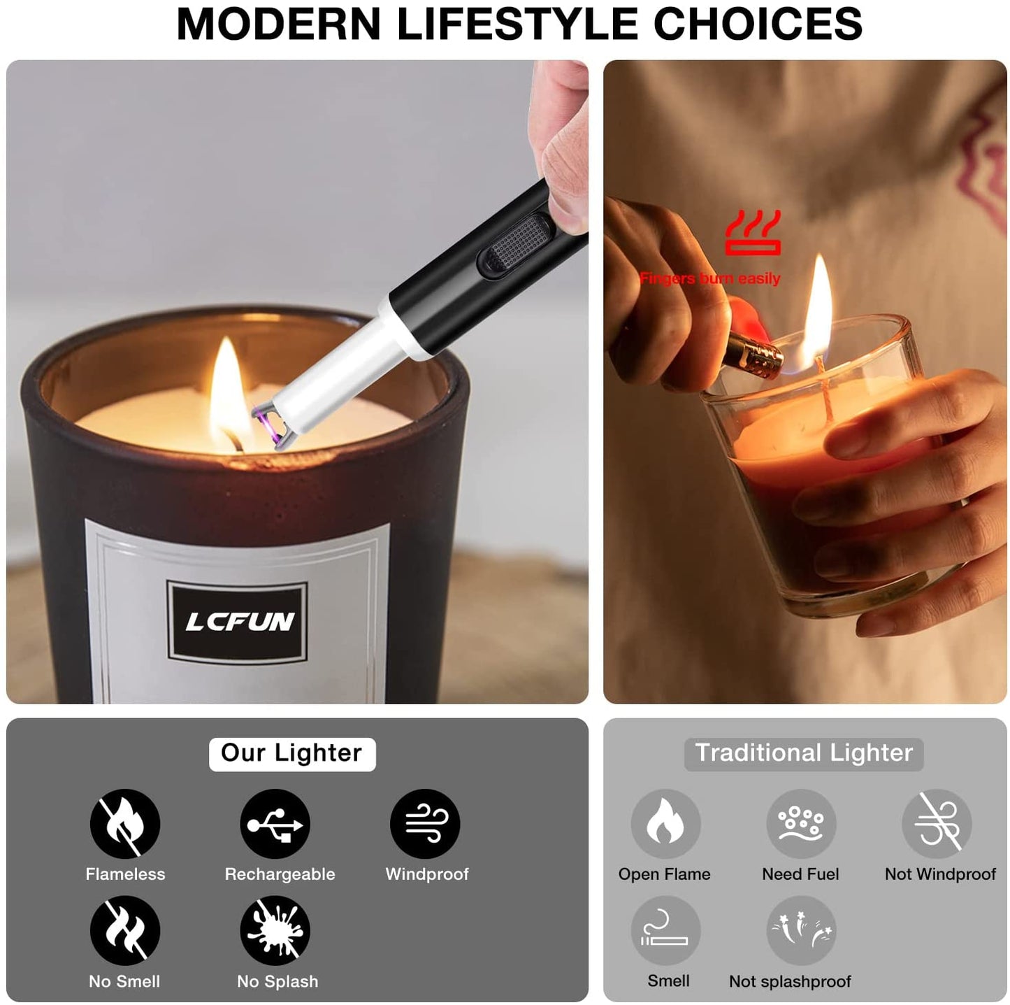 Candle Lighter USB Rechargeable Long Lighter Windproof Flameless Arc Lighter with LED Battery Display for Candle, Fireworks, BBQ, Gas Stove, Grill (Black)