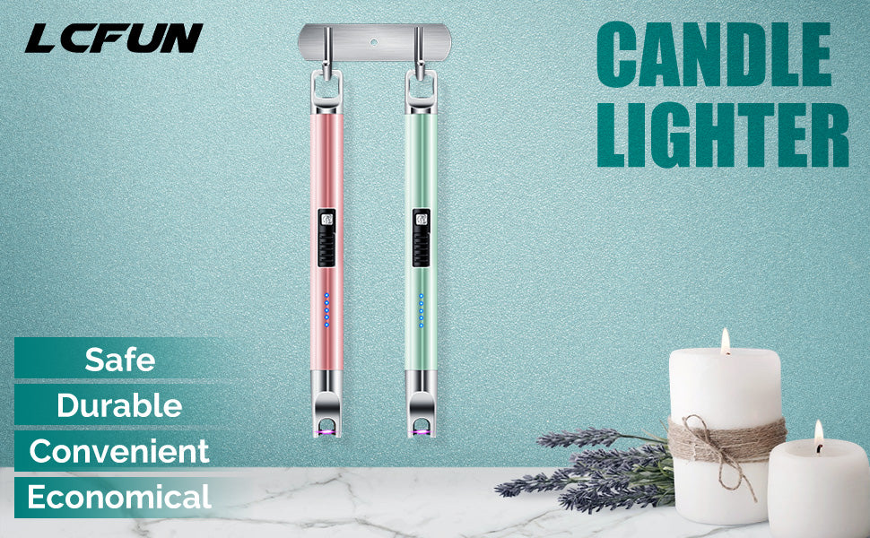 LcFun Candle Lighter 2 Pack USB Rechargeable Lighter Flameless Arc Lighter with Safety Lock Electric Lighter with LED Battery Display Long Lighters for Candle (Green & Rose Gold)