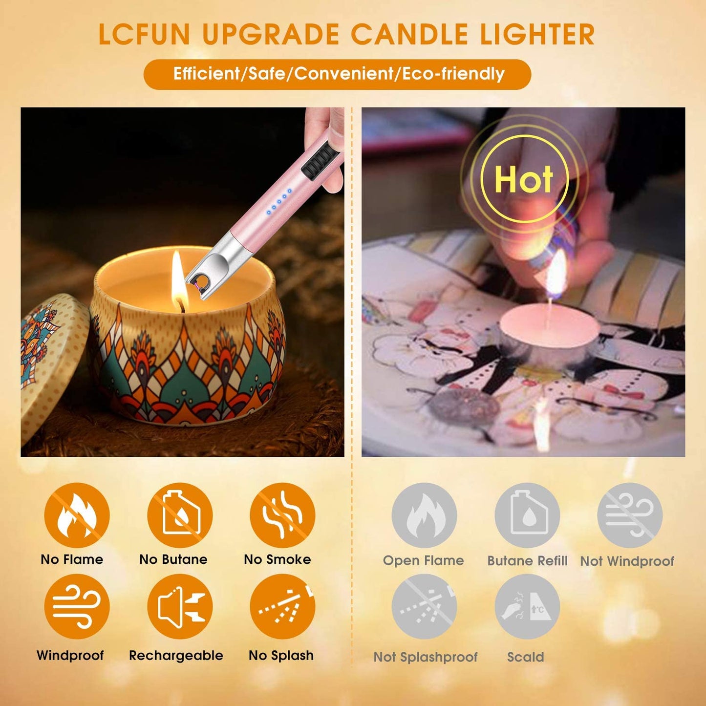 Candle Lighter 1 Pack USB Rechargeable Long Lighter Windproof Flameless Arc Lighter with LED Battery Display for Candle, Fireworks, BBQ, Gas Stove, Grill (Rose Gold)