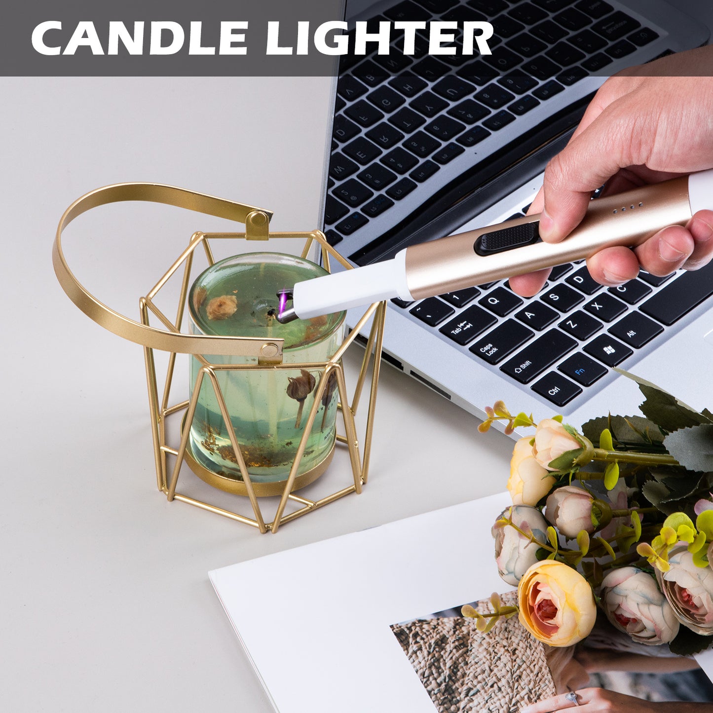 Electric Candle Lighter,Arc Lighter USB Rechargeable Flameless Electronic Lighter Windproof Plasma Long Neck Lighter with LED Battery Indicator for Candle,Fireworks,Grill,Barbecue,Stove(Gold)…