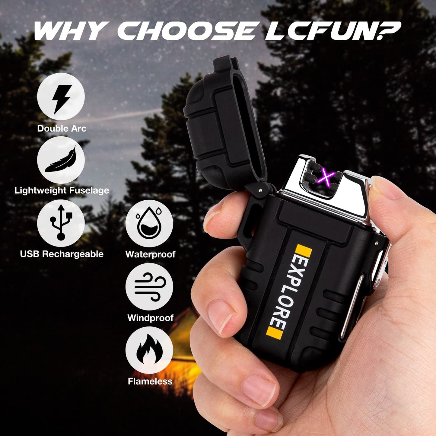 Waterproof Lighter Outdoor Windproof Lighter Dual Arc Lighter Electric Lighters USB Rechargeable-Flameless-Plasma Cool Lighters for Camping,Hiking,Adventure,Survival Tactical Gear (Black)