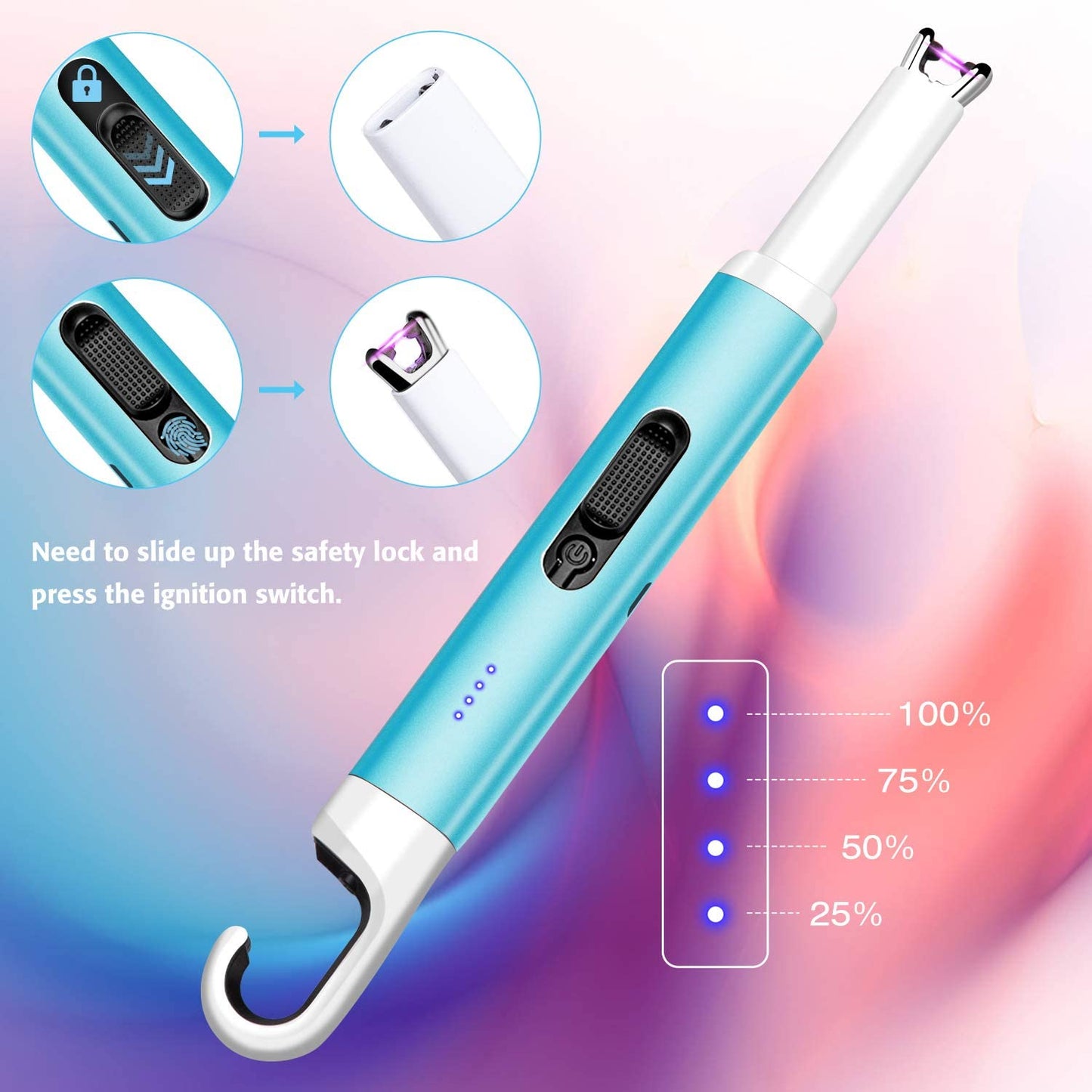 Electric Candle Lighter,Arc Lighter USB Rechargeable Flameless Electronic Lighter Windproof Plasma Long Neck Lighter with LED Battery Indicator for Candle,Fireworks,Grill,Barbecue,Stove (Blue）